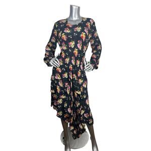 Preen Line Thornton Bregazzi Black Floral Asymmetrical Midi Dress Long Sleeve S